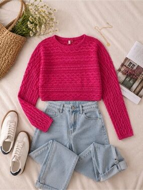 Pilcro Hot Pink Textured Fisherman Knit Sweater Cropped Chunky Cozy Boho